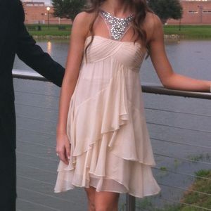 BCBG Maxazria beige ruffle dress